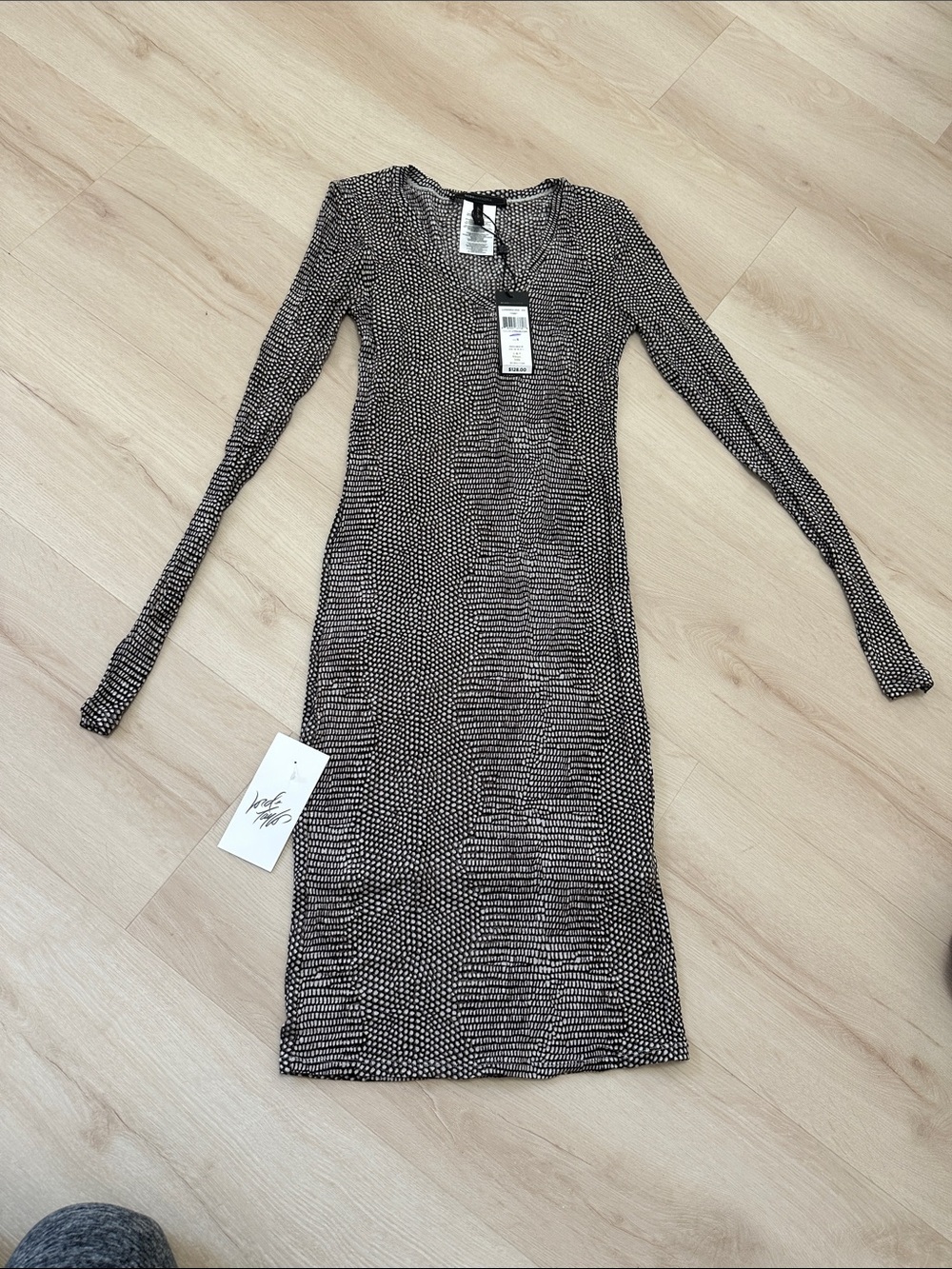 BCBGMaxAzria Black and White Long Sleeve Patterned Midi Dress
